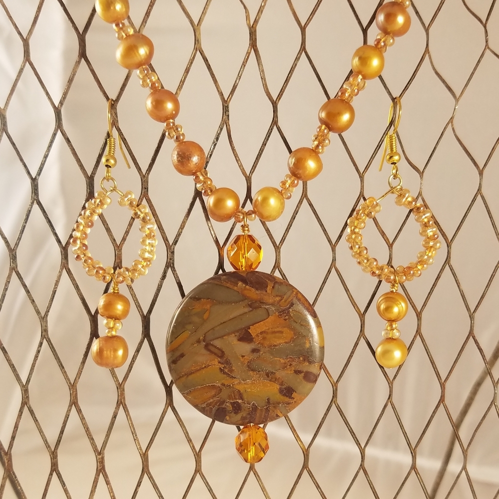 Freshwater Pearl & Bamboo Jasper Necklace & Earrin